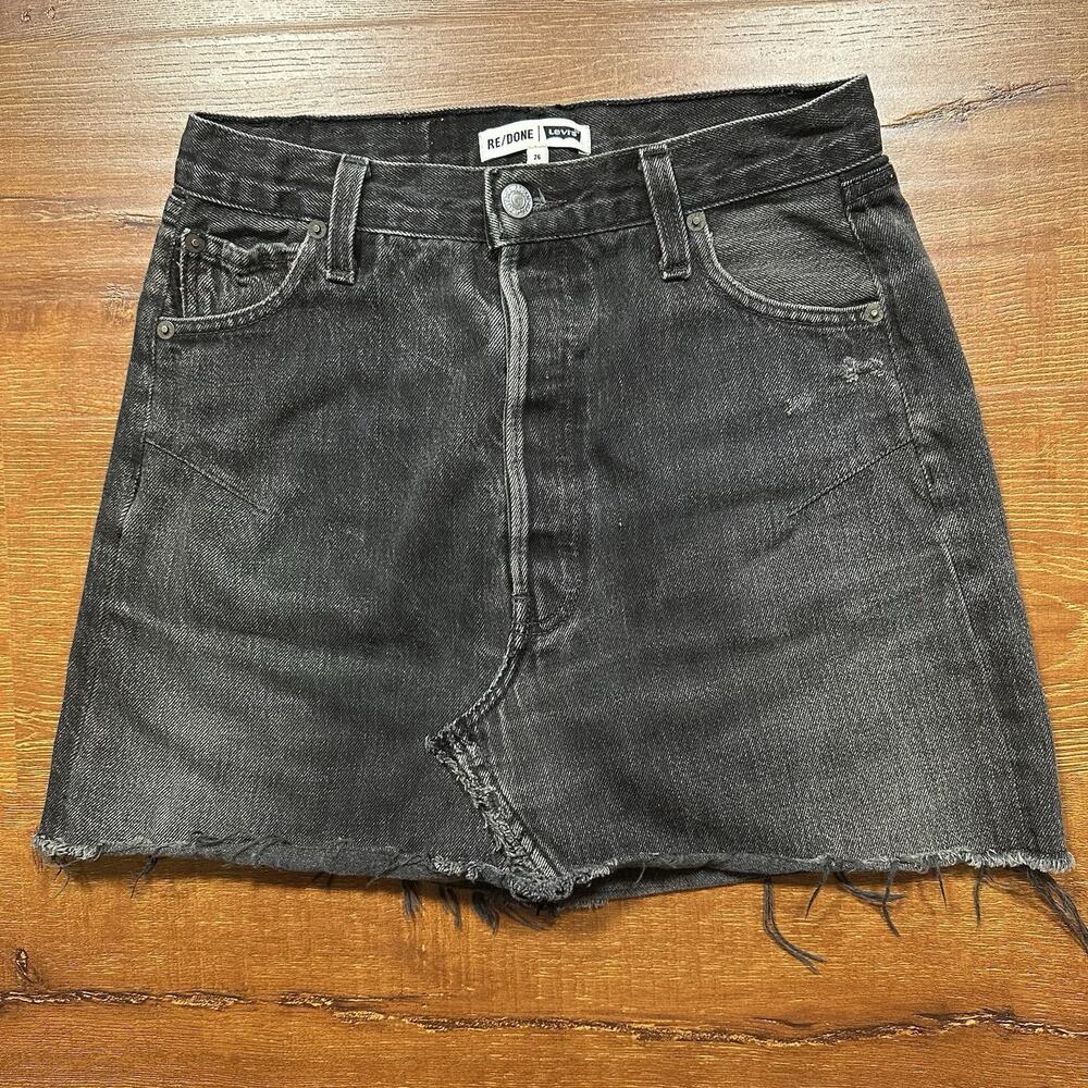 RE/Done Levis Jean Skirt 26 Black High Rise Mini A Line Raw Hem Retro USA Made
